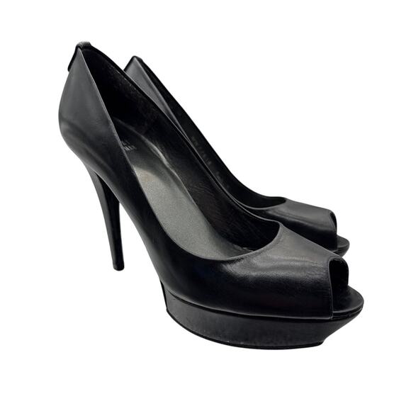 Stuart Weitzman STAGE Kid Leather Black Peep Toe Platform Pumps Size 8.5 - Picture 1 of 8